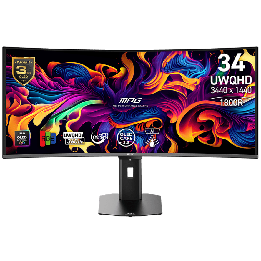 A large main feature product image of MSI MPG 341CQR X36 - 34" Curved 1440p 360Hz 0.03ms QD-OLED Gaming Monitor