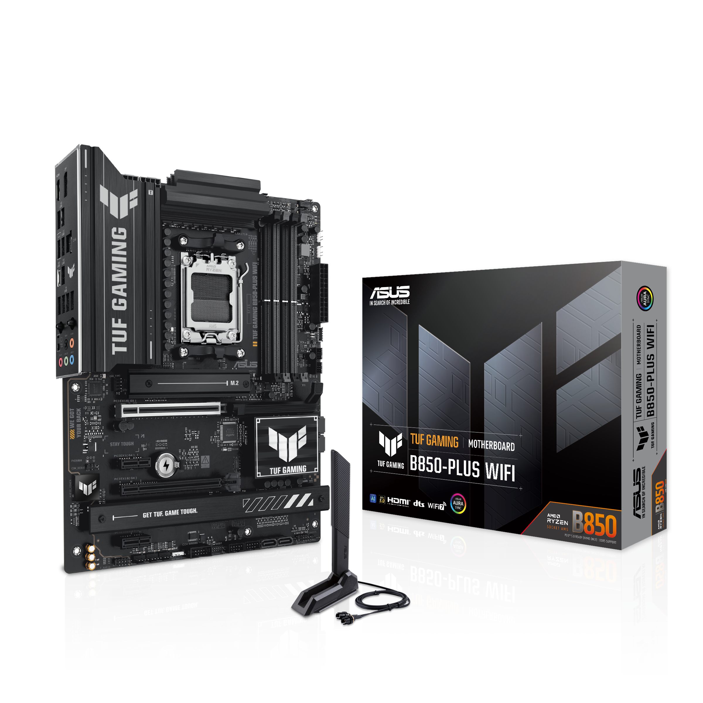 A large main feature product image of EX-DEMO ASUS TUF Gaming B850-Plus WiFi AM5 ATX Desktop Motherboard
