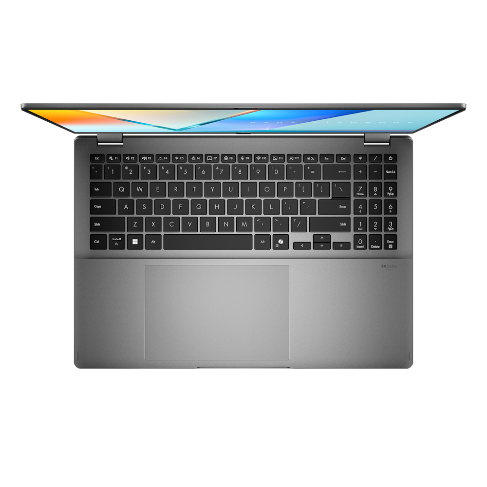 A large main feature product image of EX-DEMO ASUS Vivobook 16 Flip OLED (TP3607) - 16" Core Ultra 7 258V, 32GB/1TB - Win 11 Pro Copilot+ AI Notebook