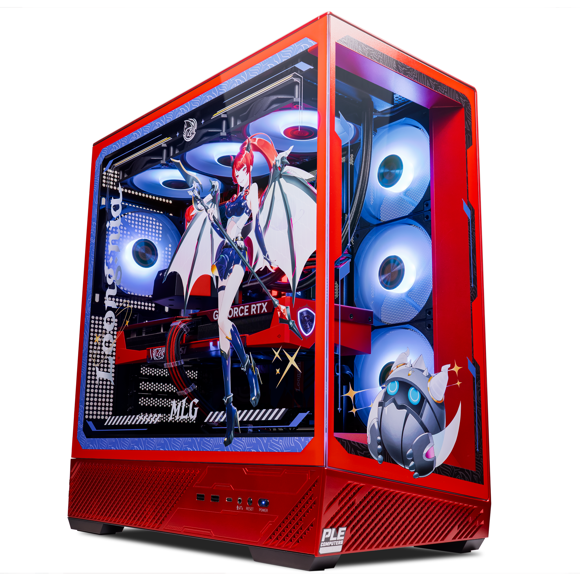 A large main feature product image of PLE MLG RTX 5070 Ti Prebuilt Ready To Go Gaming PC