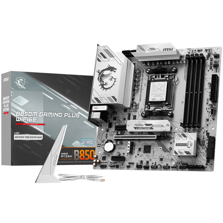 A large main feature product image of MSI B850M Gaming Plus WiFi6E AM5 mATX Desktop Motherboard