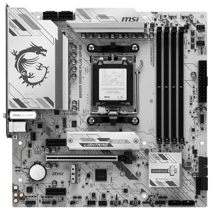 A large main feature product image of MSI B850M Gaming Plus WiFi6E AM5 mATX Desktop Motherboard