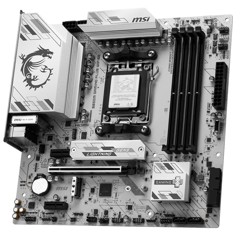 A large main feature product image of MSI B850M Gaming Plus WiFi6E AM5 mATX Desktop Motherboard