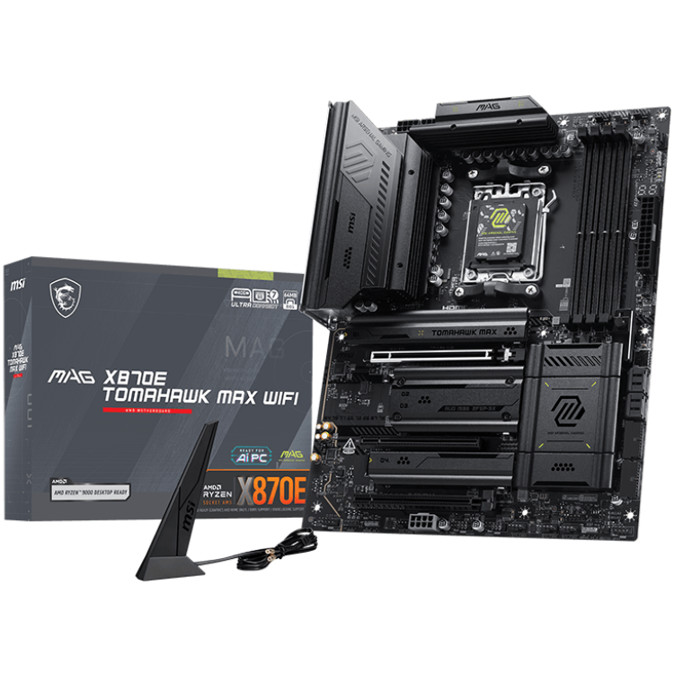 A large main feature product image of MSI MAG X870E Tomahawk Max WiFi AM5 ATX Desktop Motherboard