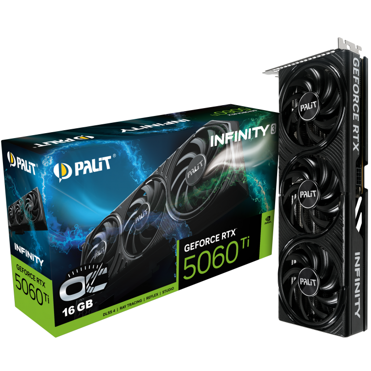 A large main feature product image of Palit GeForce RTX 5060 Ti Infinity 3 OC 16GB GDDR7