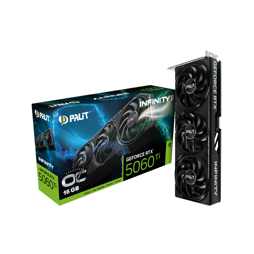 A large main feature product image of Palit GeForce RTX 5060 Ti Infinity 3 OC 16GB GDDR7