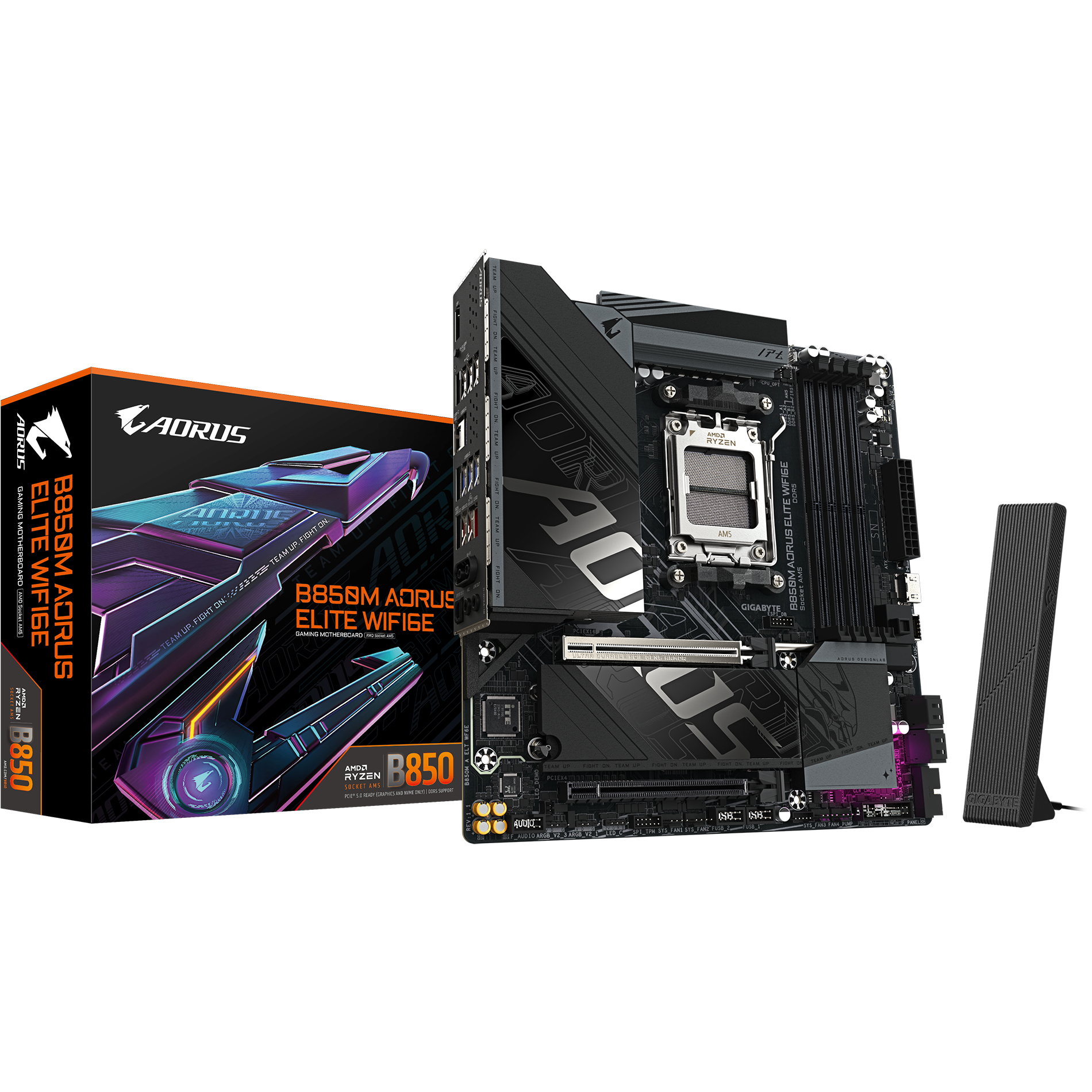 A large main feature product image of Gigabyte B850M AORUS ELITE WiFi6E AM5 mATX Desktop Motherboard
