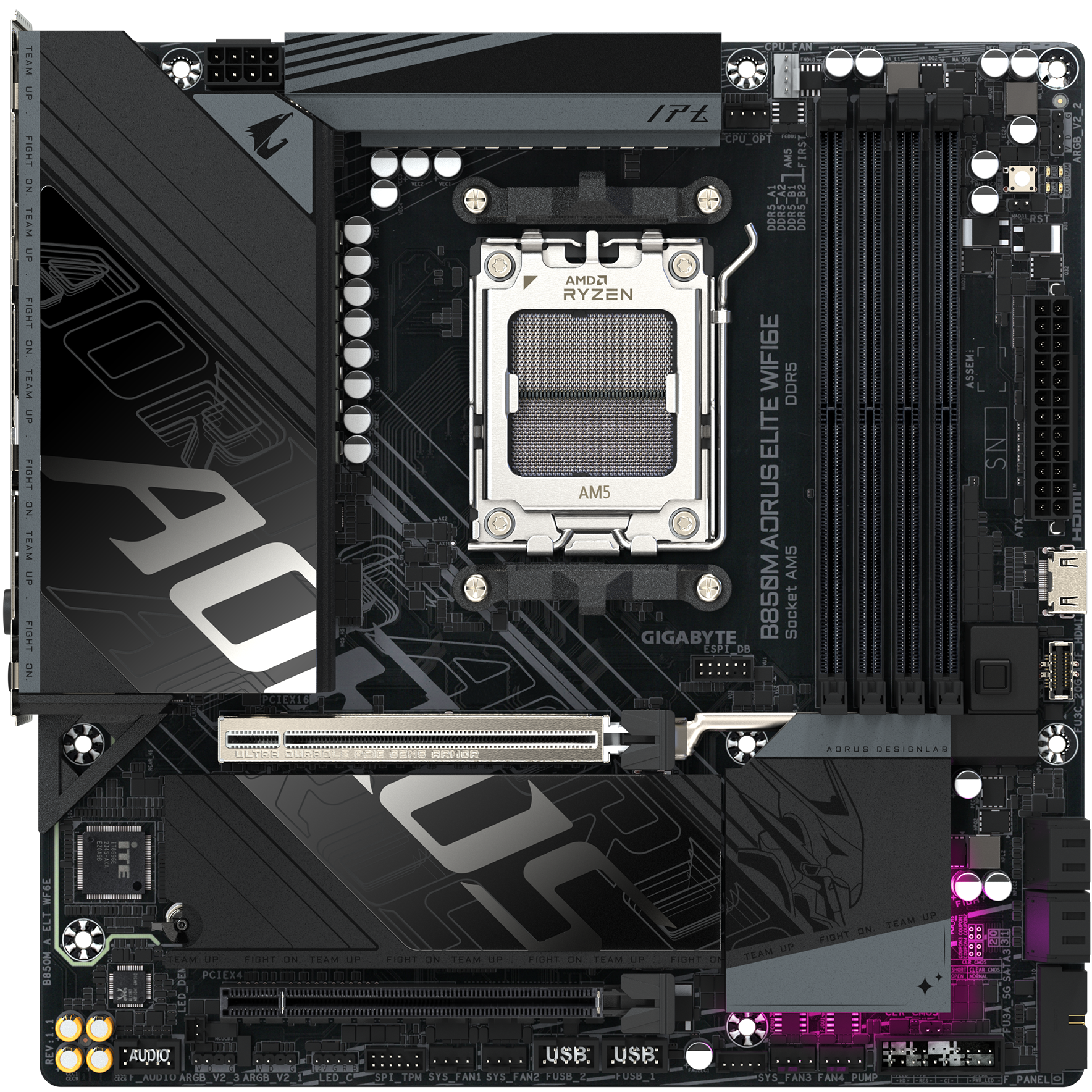 A large main feature product image of Gigabyte B850M AORUS ELITE WiFi6E AM5 mATX Desktop Motherboard