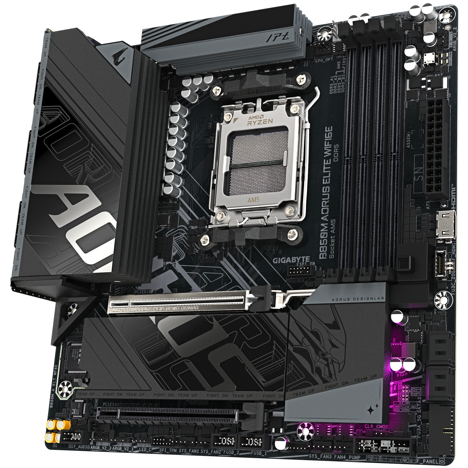 A large main feature product image of Gigabyte B850M AORUS ELITE WiFi6E AM5 mATX Desktop Motherboard