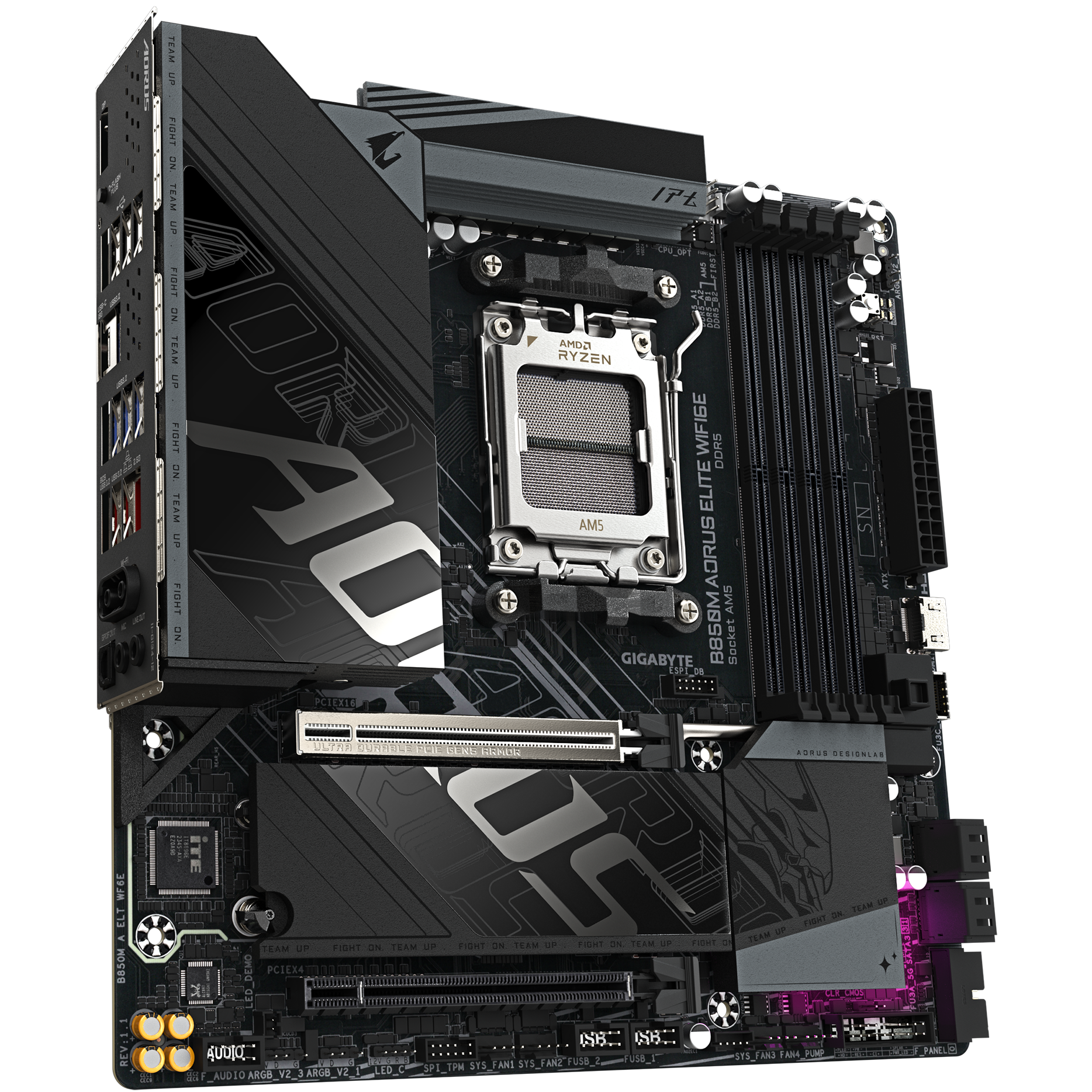 A large main feature product image of Gigabyte B850M AORUS ELITE WiFi6E AM5 mATX Desktop Motherboard