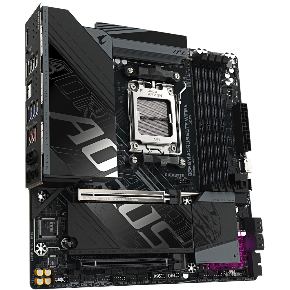 A large main feature product image of Gigabyte B850M AORUS ELITE WiFi6E AM5 mATX Desktop Motherboard