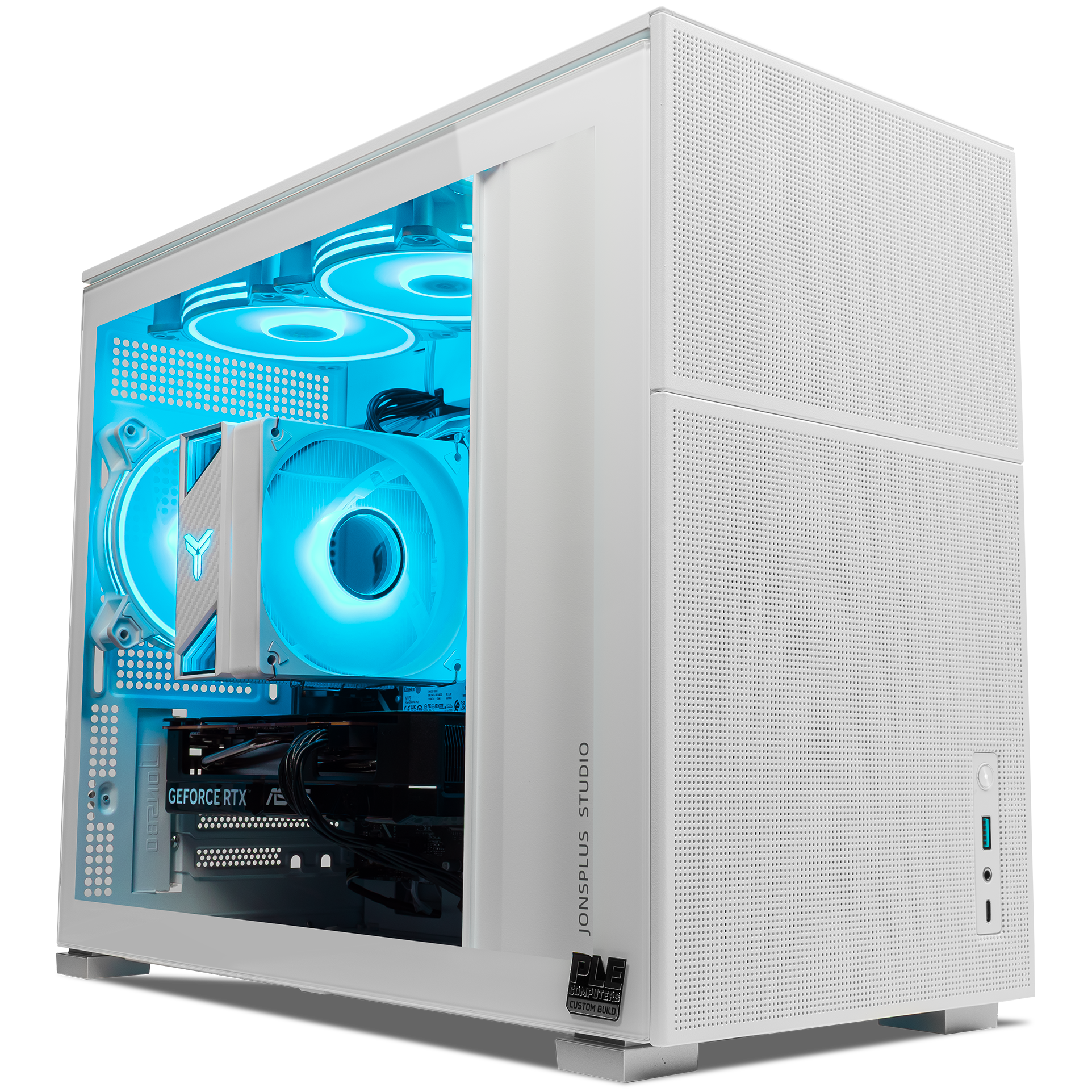 A large main feature product image of PLE Lunar RTX 5060 Prebuilt Ready To Go Gaming PC