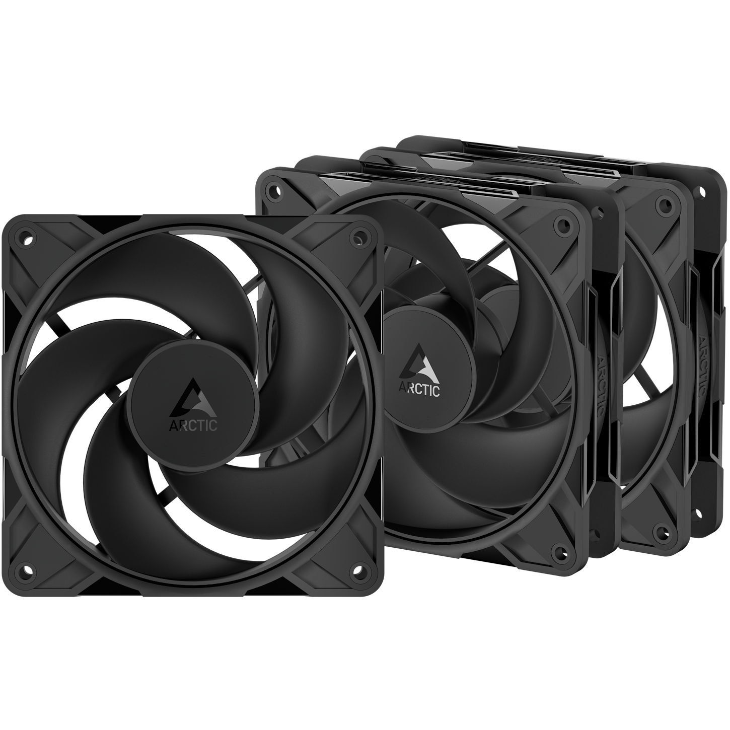 A large main feature product image of ARCTIC P12 Pro Reverse 120mm Performance PWM Fan 3-Pack (Black)