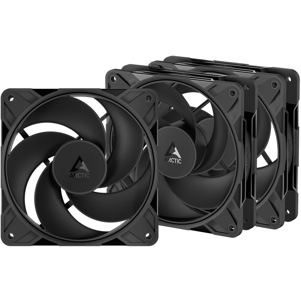A large main feature product image of ARCTIC P12 Pro Reverse 120mm Performance PWM Fan 3-Pack (Black)