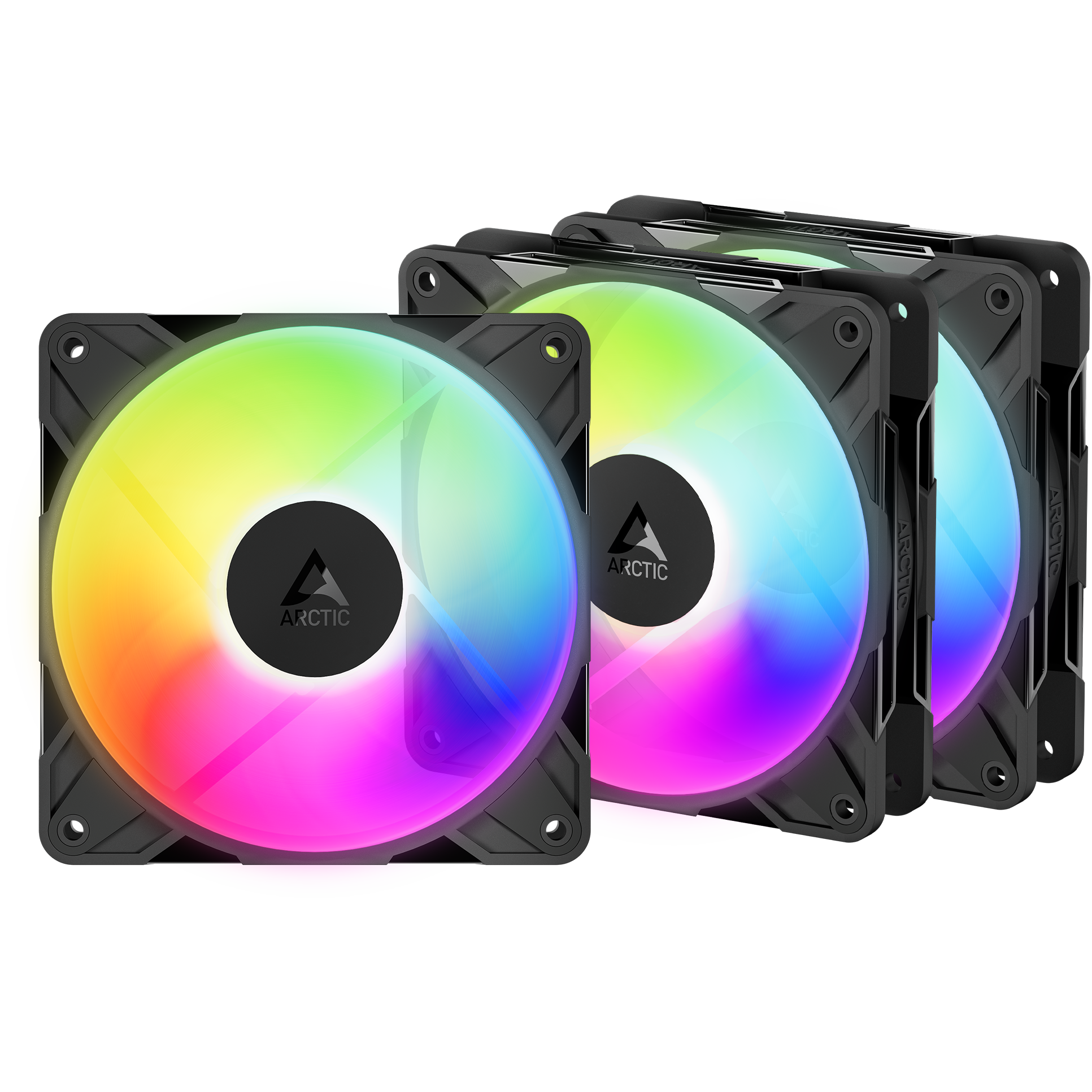 A large main feature product image of ARCTIC P12 Pro Reverse ARGB 120mm Performance PWM Fan 3-Pack (Black)