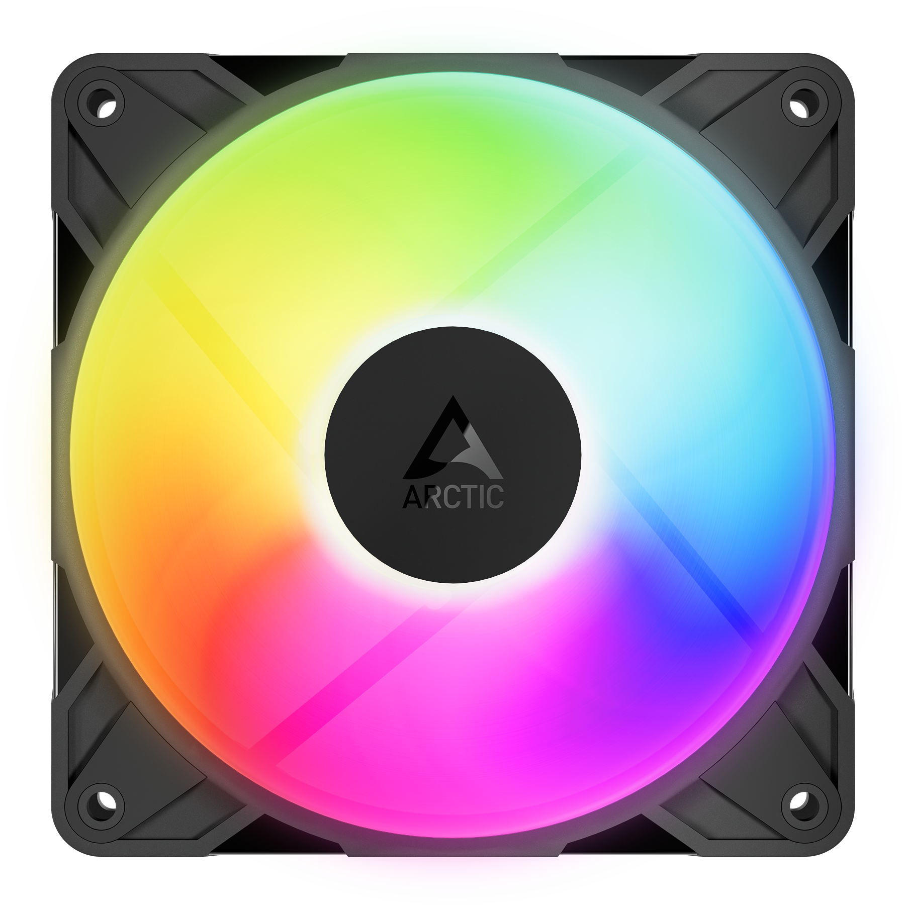 A large main feature product image of ARCTIC P12 Pro Reverse ARGB 120mm Performance PWM Fan 3-Pack (Black)