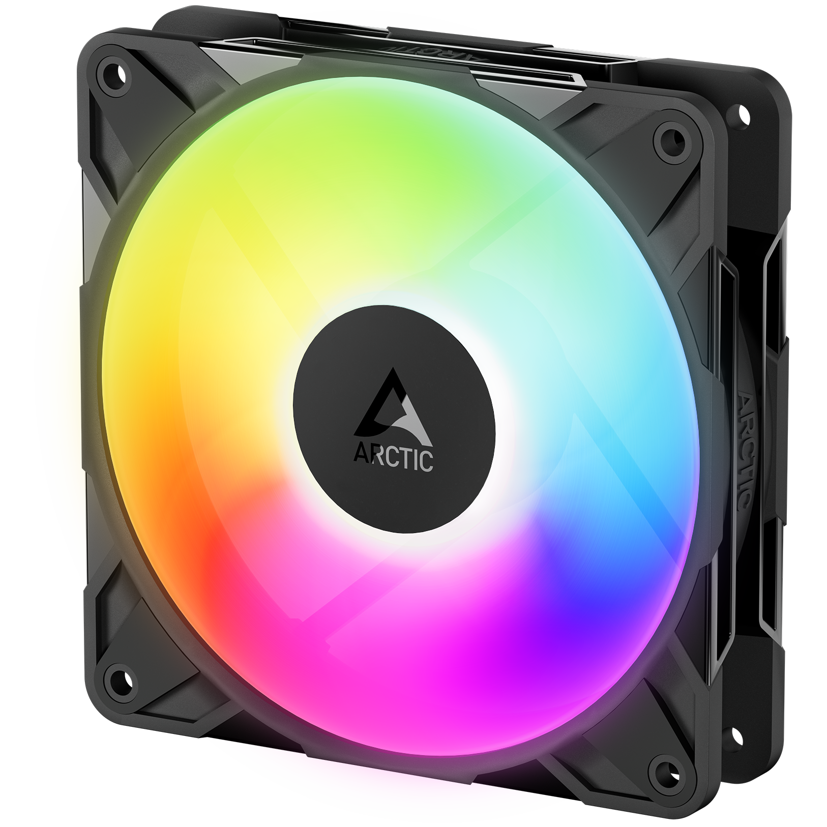 A large main feature product image of ARCTIC P12 Pro Reverse ARGB 120mm Performance PWM Fan 3-Pack (Black)