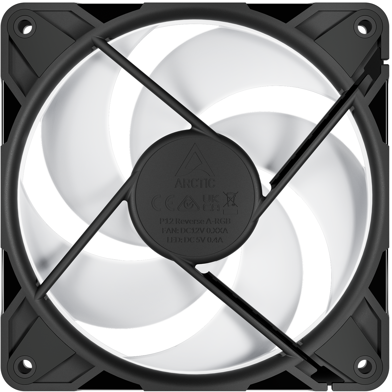 A large main feature product image of ARCTIC P12 Pro Reverse ARGB 120mm Performance PWM Fan 3-Pack (Black)