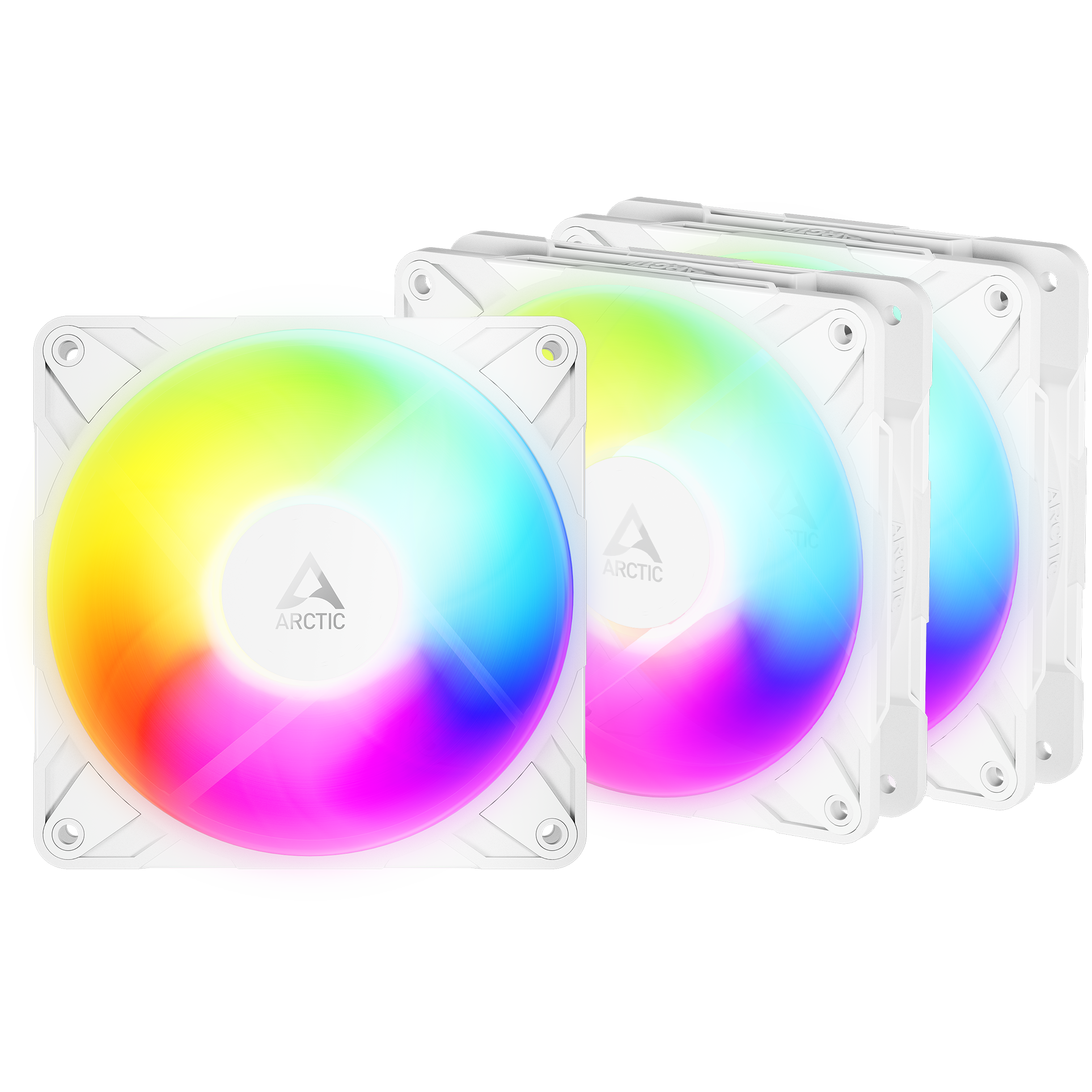 A large main feature product image of ARCTIC P12 Pro Reverse ARGB 120mm Performance PWM Fan 3-Pack (White)
