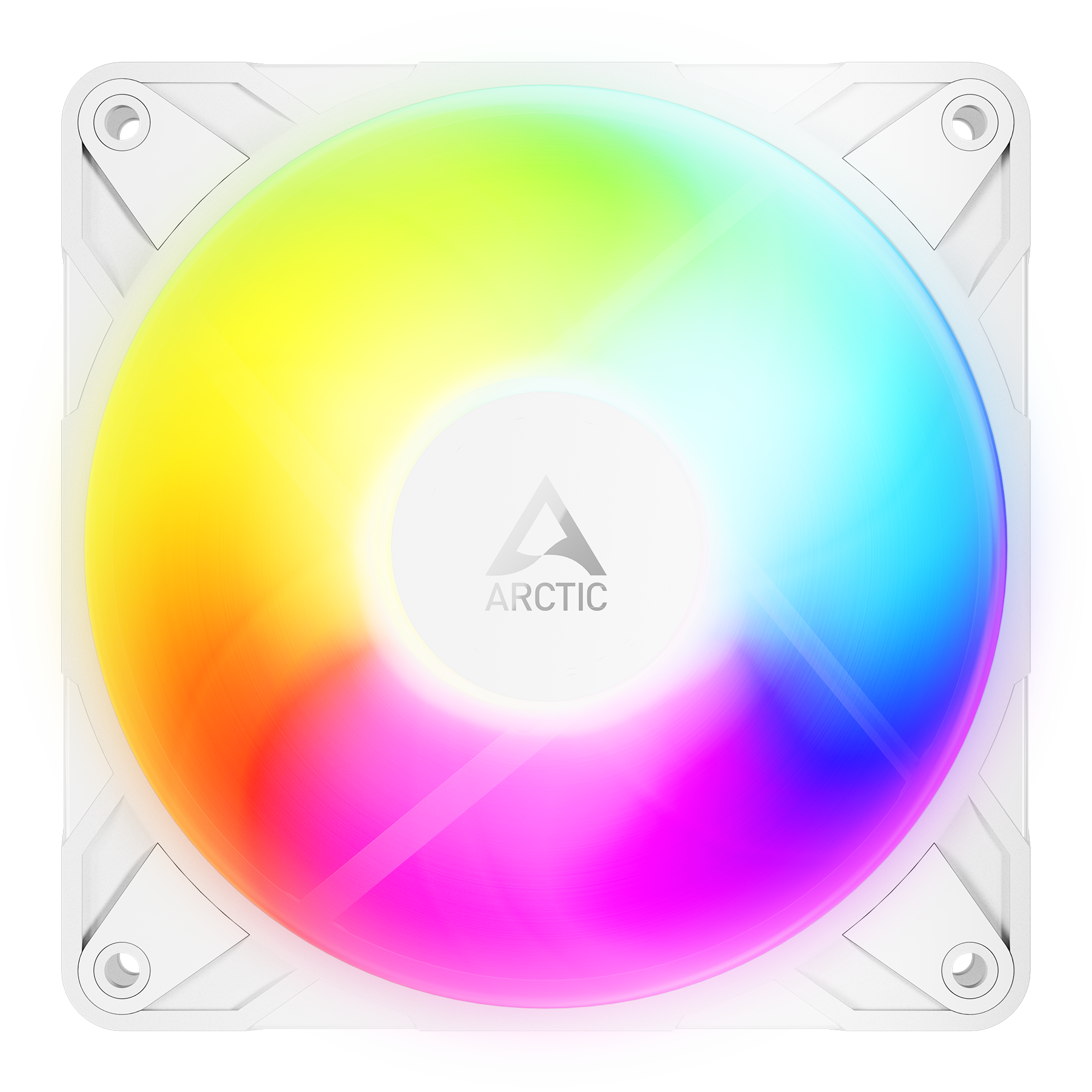 A large main feature product image of ARCTIC P12 Pro Reverse ARGB 120mm Performance PWM Fan 3-Pack (White)