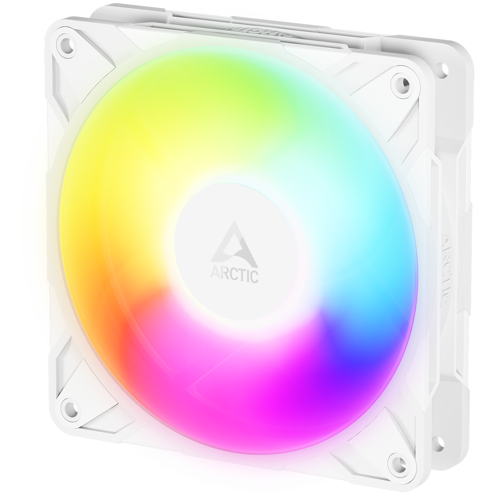 A large main feature product image of ARCTIC P12 Pro Reverse ARGB 120mm Performance PWM Fan 3-Pack (White)