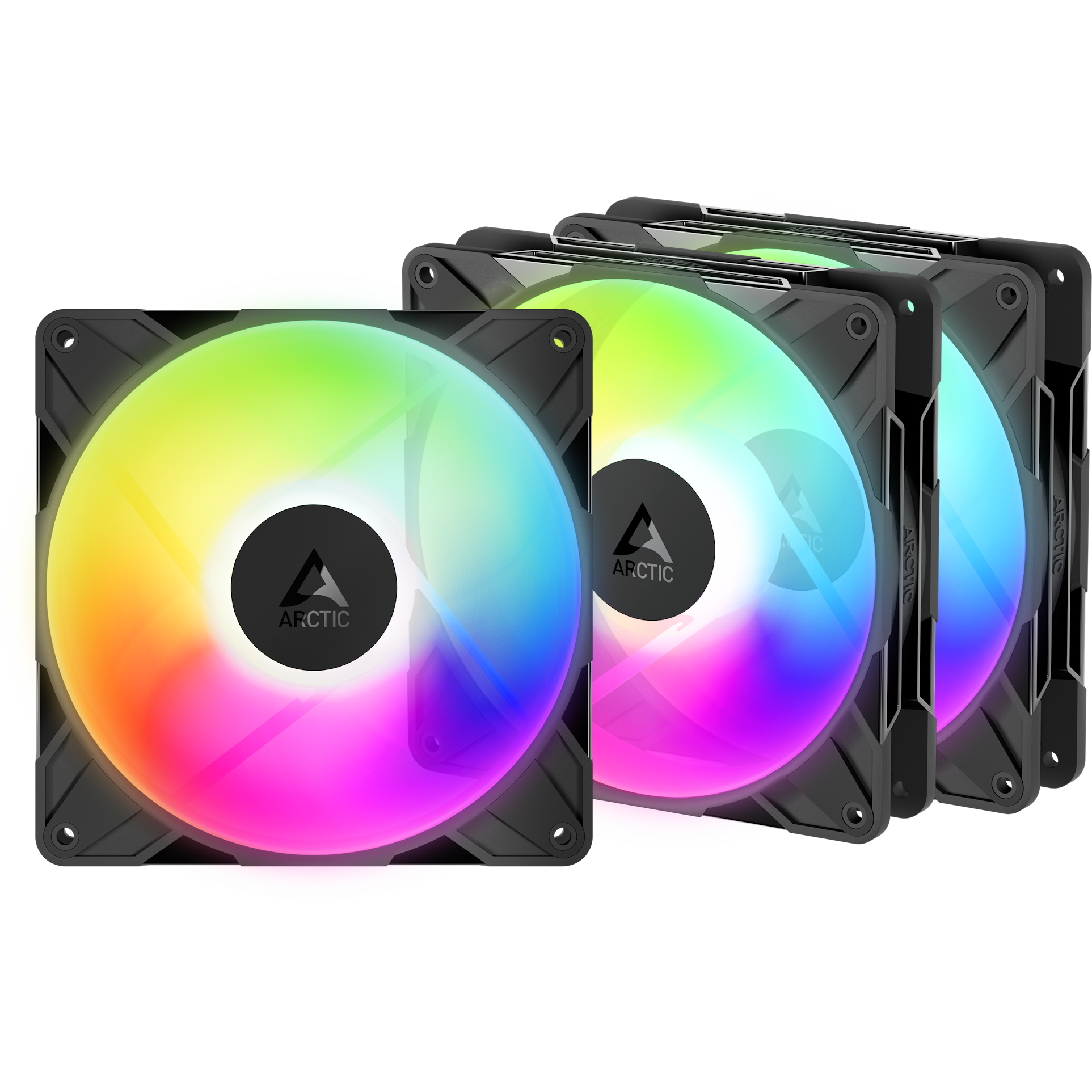 A large main feature product image of ARCTIC P14 Pro Reverse ARGB 140mm Performance PWM Fan 3-Pack (Black)