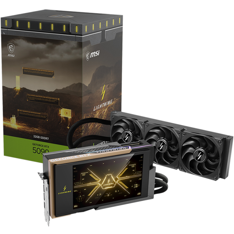 A large main feature product image of MSI GeForce RTX 5090 Lightning Z 32GB GDDR7