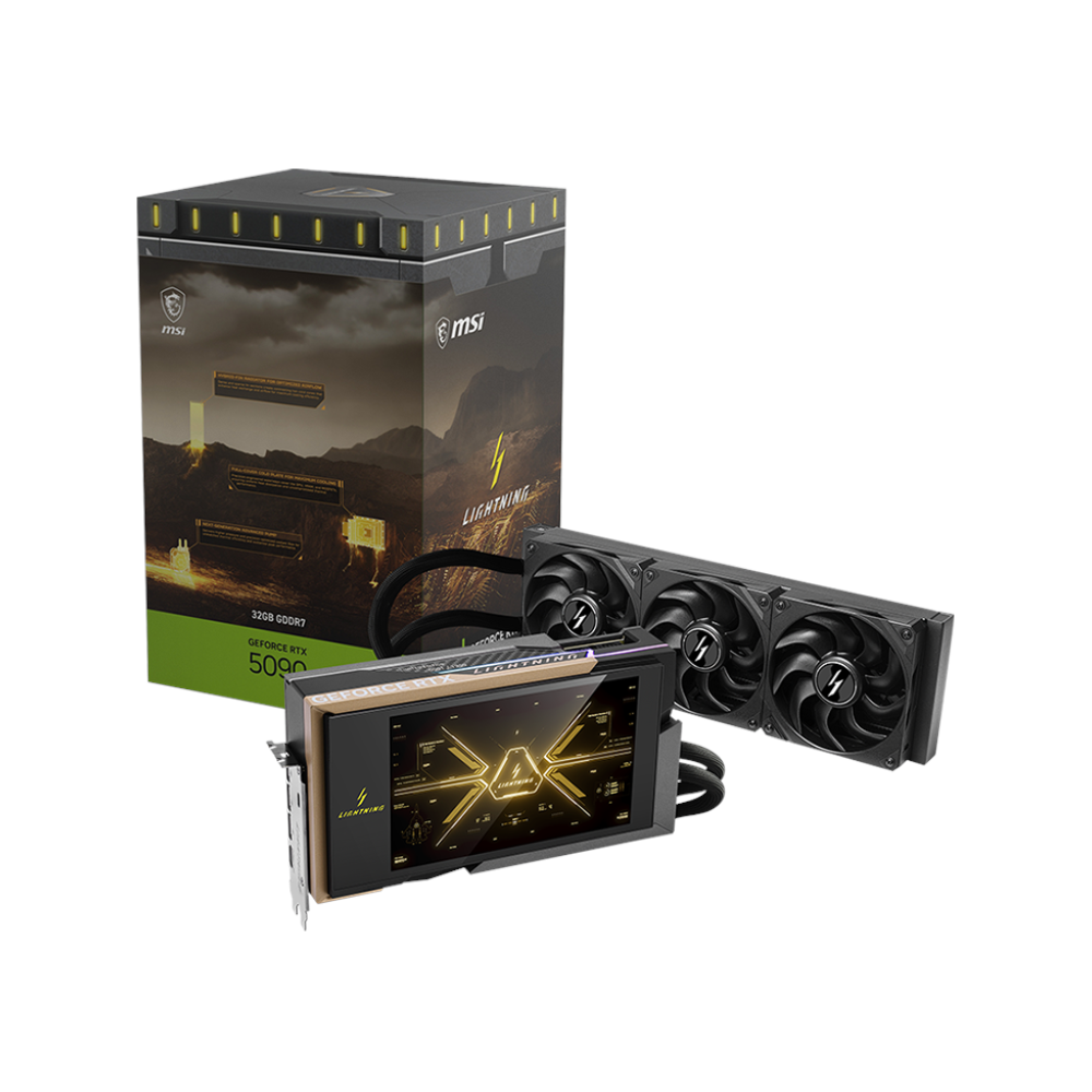 A large main feature product image of MSI GeForce RTX 5090 Lightning Z 32GB GDDR7
