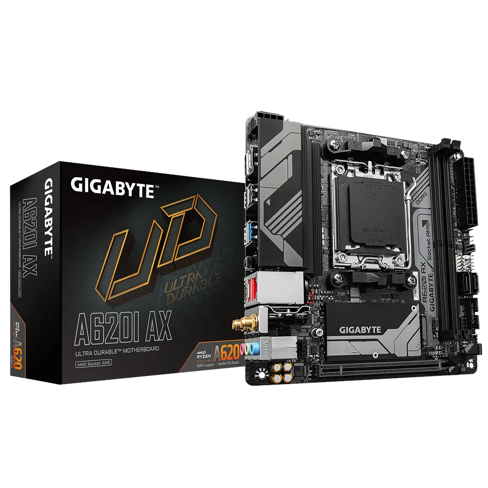 A large main feature product image of EX-DEMO Gigabyte A620I AX AM5 DDR5 Mini-ITX Desktop Motherboard