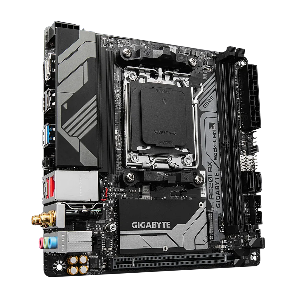 A large main feature product image of EX-DEMO Gigabyte A620I AX AM5 DDR5 Mini-ITX Desktop Motherboard