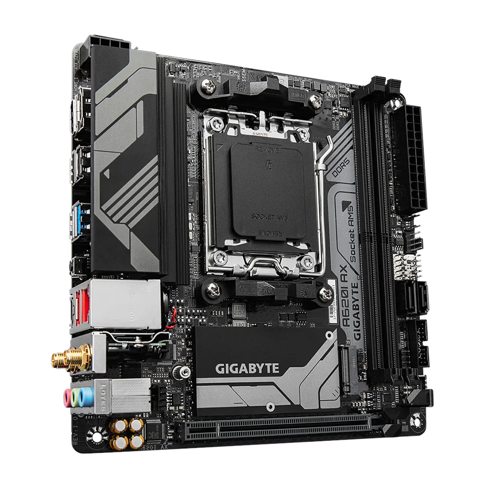 A large main feature product image of EX-DEMO Gigabyte A620I AX AM5 DDR5 Mini-ITX Desktop Motherboard
