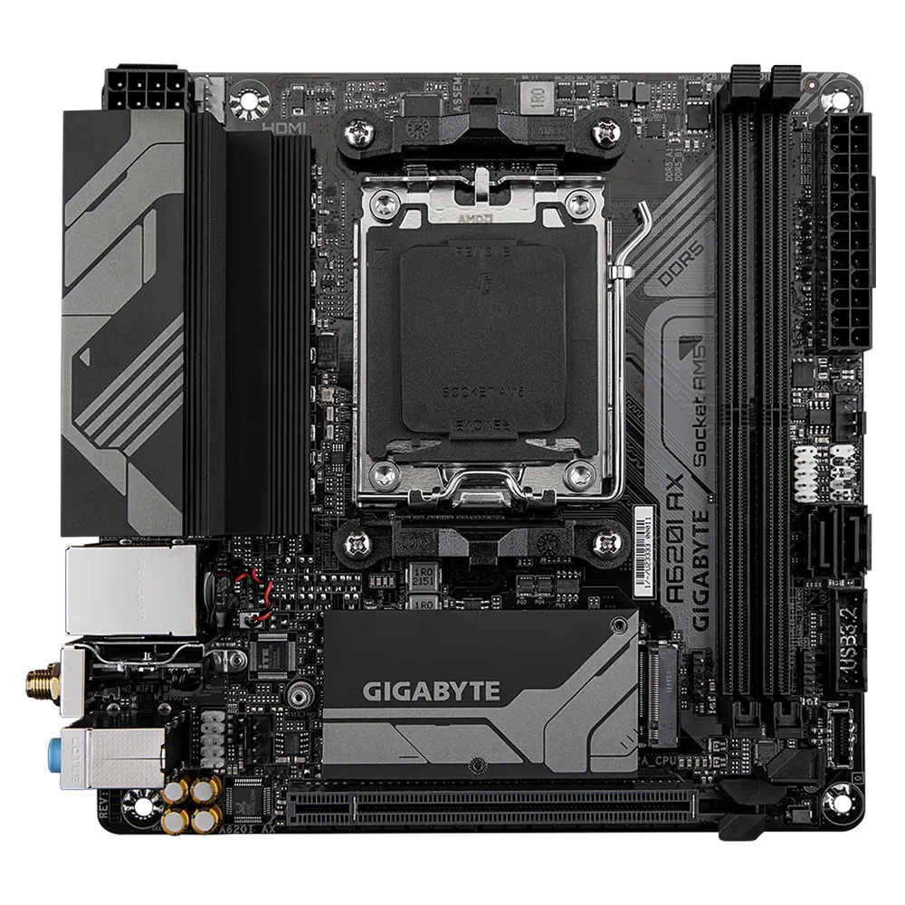 A large main feature product image of EX-DEMO Gigabyte A620I AX AM5 DDR5 Mini-ITX Desktop Motherboard
