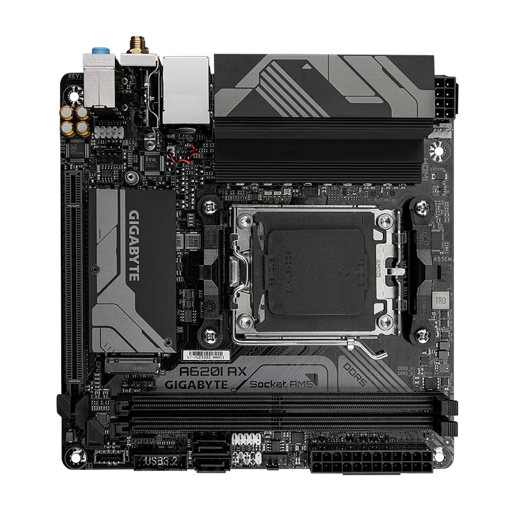 A large main feature product image of EX-DEMO Gigabyte A620I AX AM5 DDR5 Mini-ITX Desktop Motherboard
