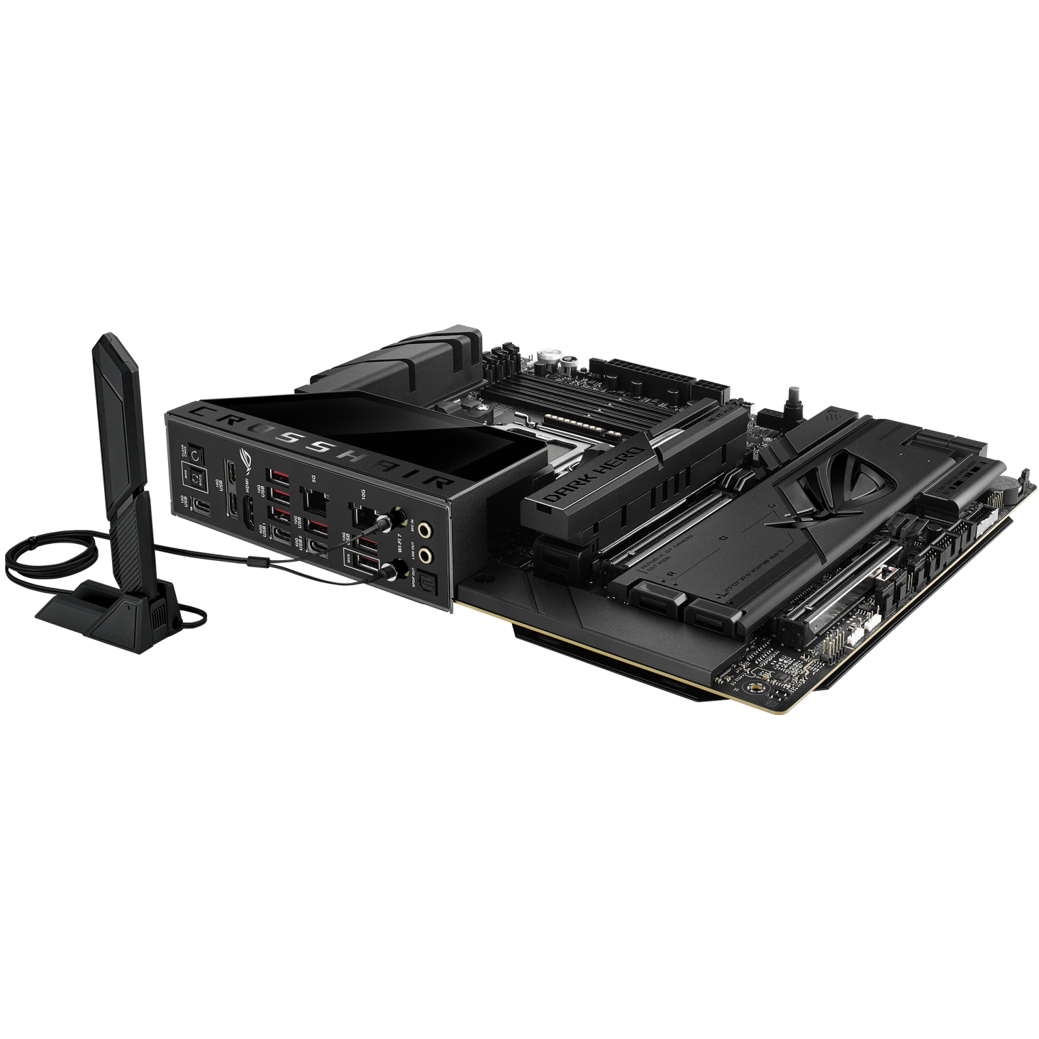 A large main feature product image of ASUS ROG Crosshair X870E Dark Hero AM5 ATX Desktop Motherboard