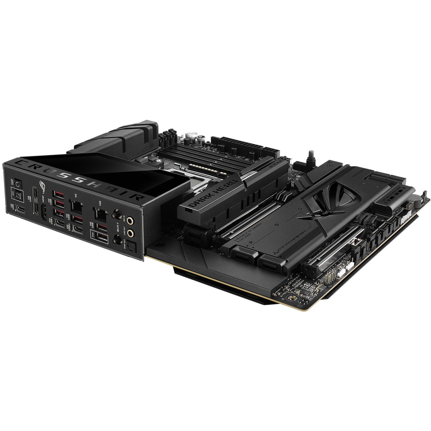 A large main feature product image of ASUS ROG Crosshair X870E Dark Hero AM5 ATX Desktop Motherboard