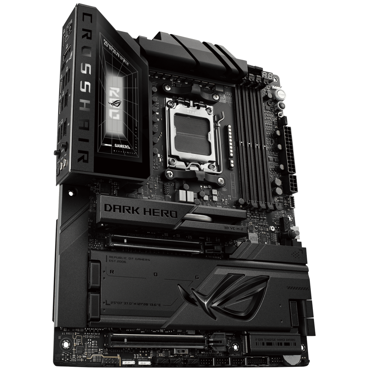 A large main feature product image of ASUS ROG Crosshair X870E Dark Hero AM5 ATX Desktop Motherboard