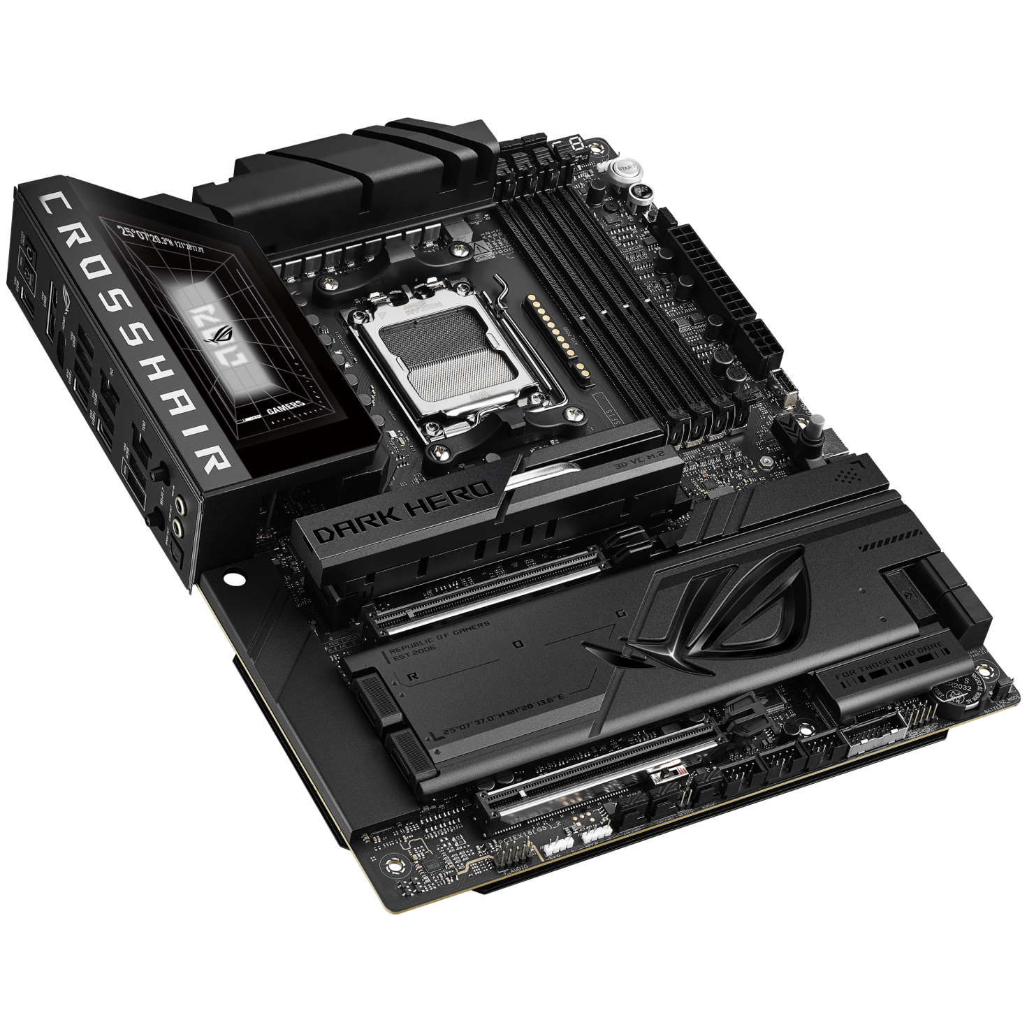 A large main feature product image of ASUS ROG Crosshair X870E Dark Hero AM5 ATX Desktop Motherboard