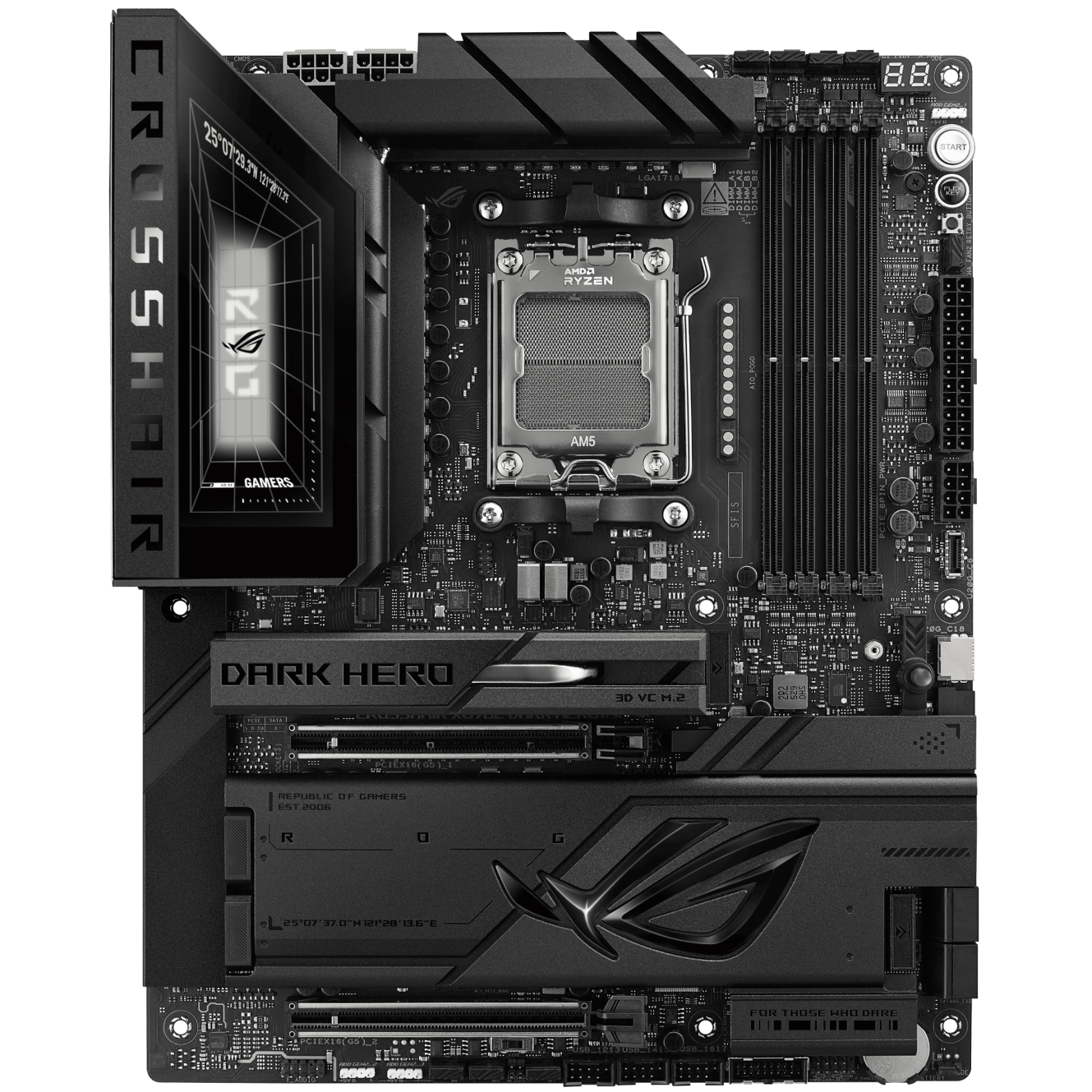 A large main feature product image of ASUS ROG Crosshair X870E Dark Hero AM5 ATX Desktop Motherboard