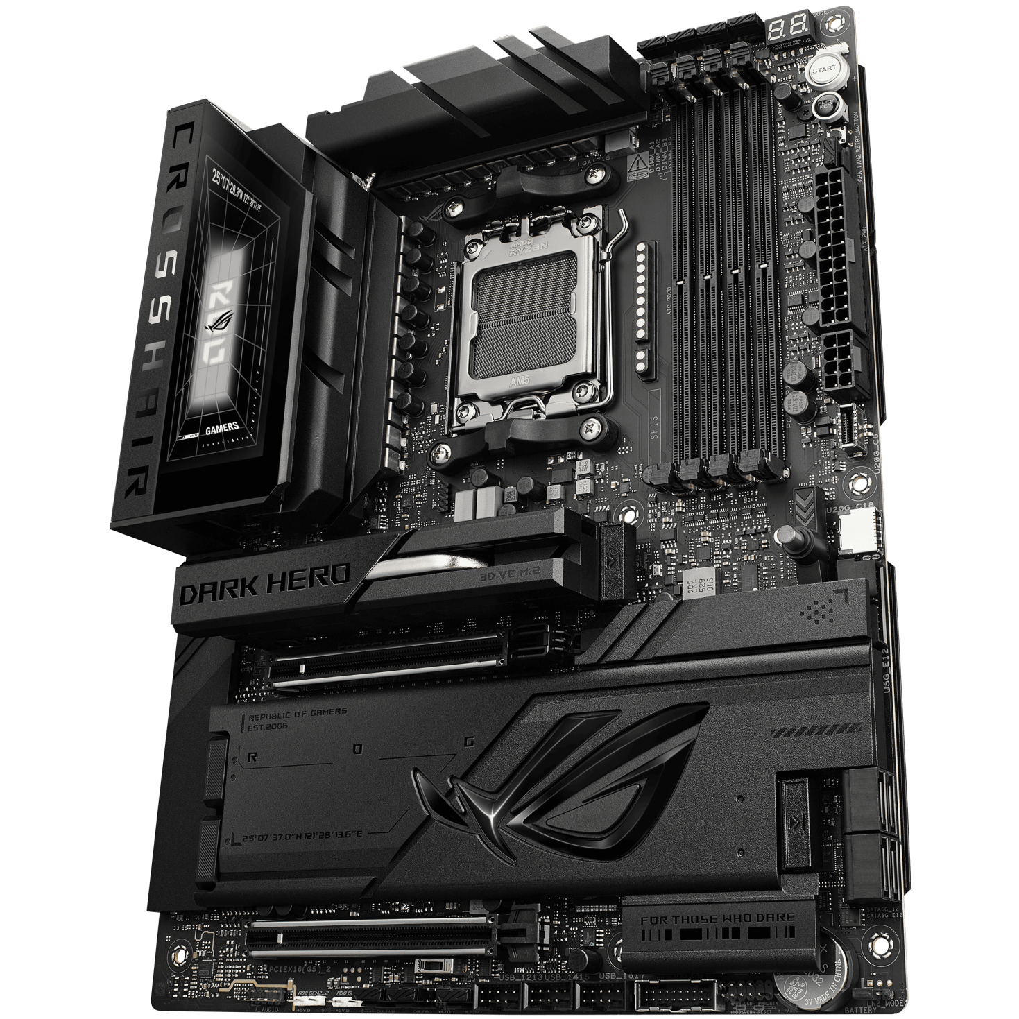 A large main feature product image of ASUS ROG Crosshair X870E Dark Hero AM5 ATX Desktop Motherboard