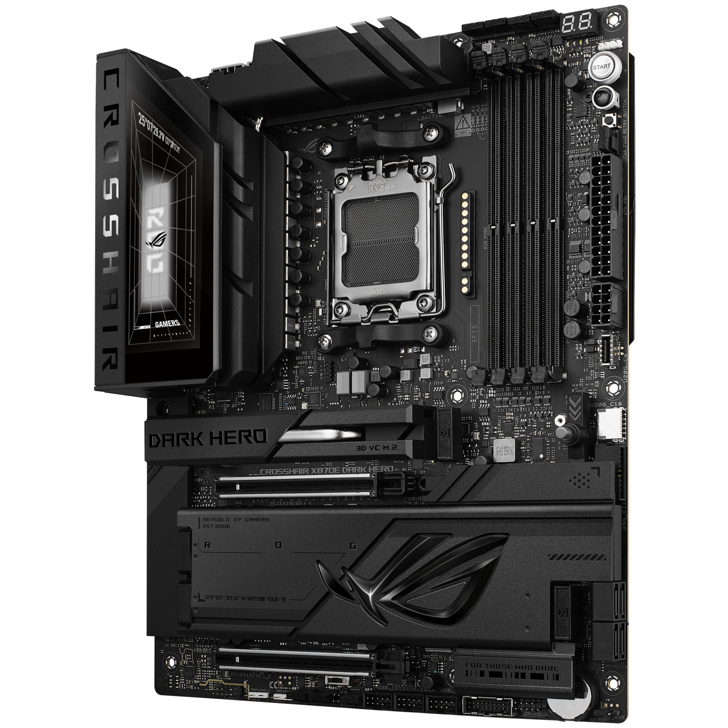 A large main feature product image of ASUS ROG Crosshair X870E Dark Hero AM5 ATX Desktop Motherboard