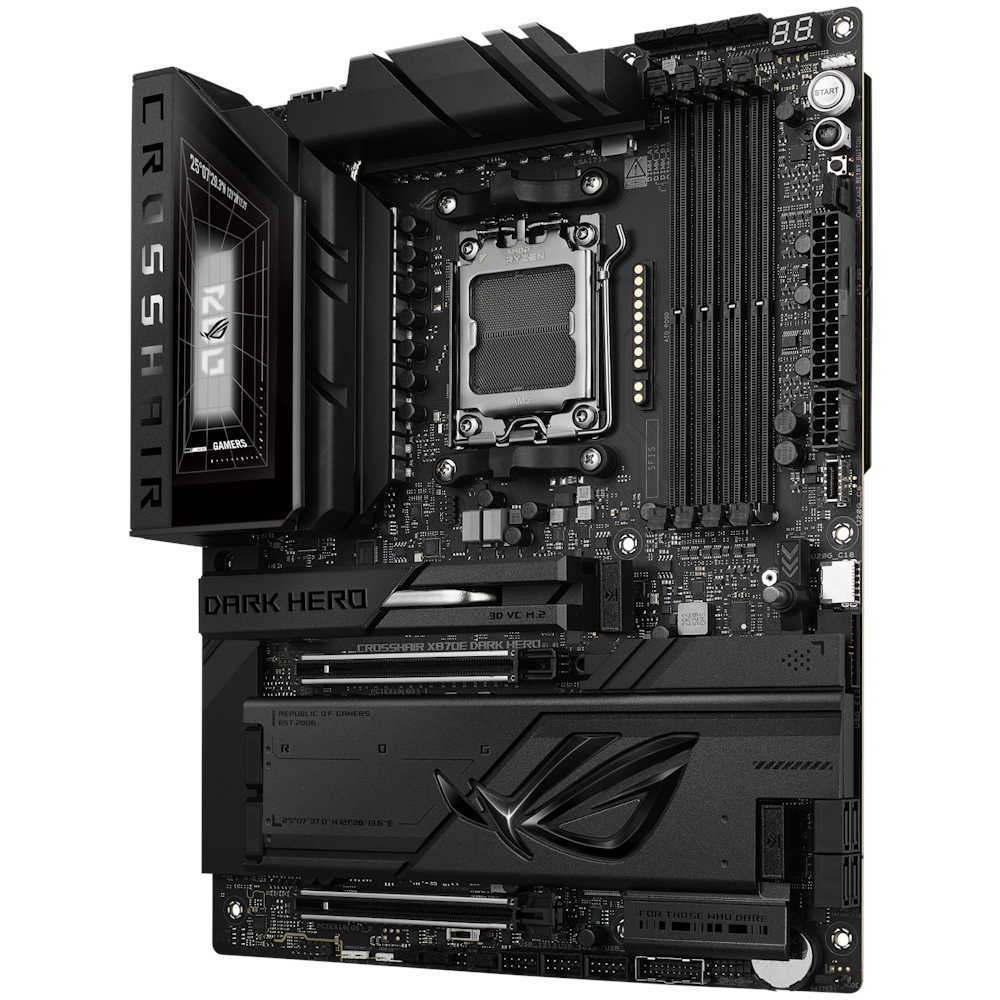 A large main feature product image of ASUS ROG Crosshair X870E Dark Hero AM5 ATX Desktop Motherboard