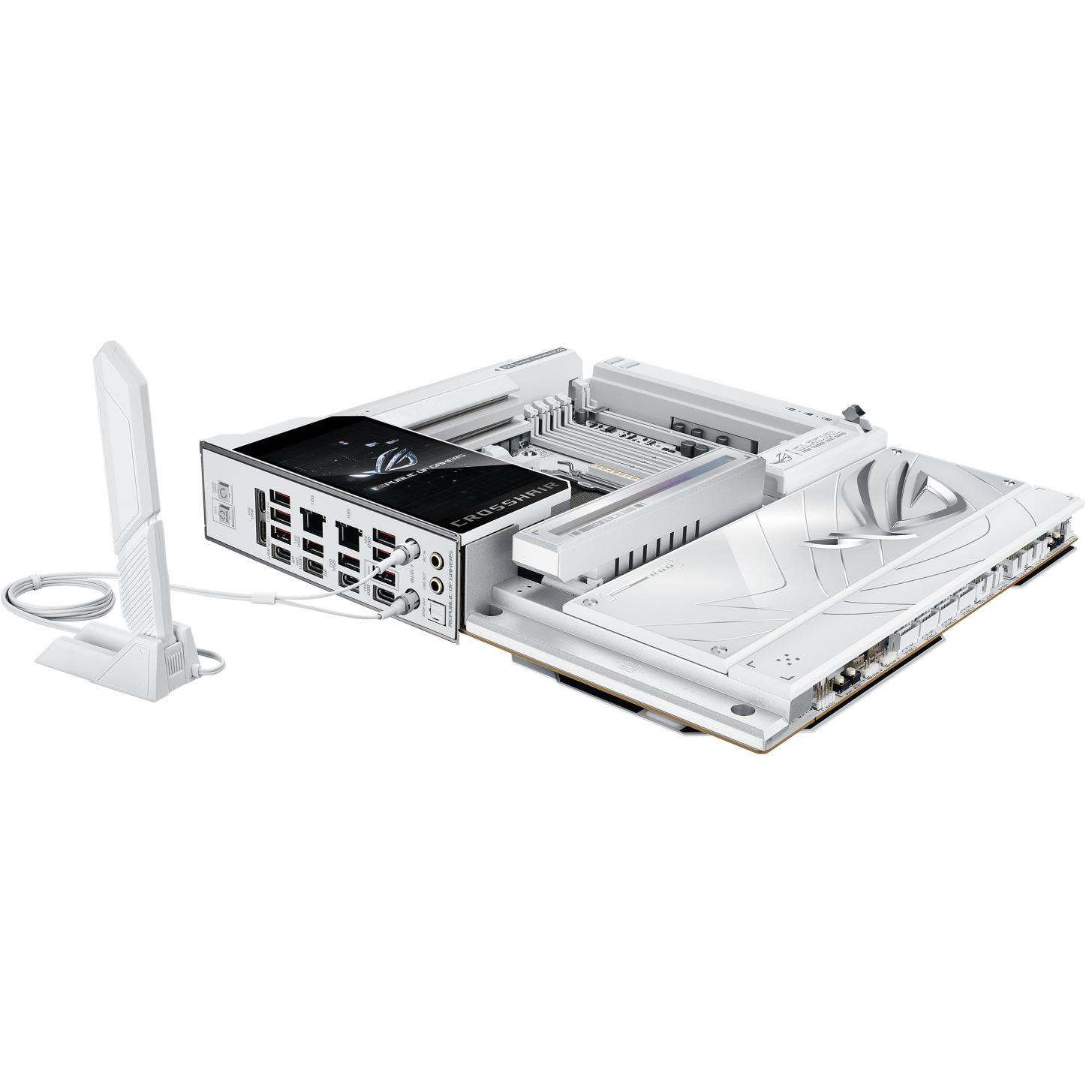 A large main feature product image of ASUS ROG Crosshair X870E Glacial AM5 eATX Desktop Motherboard