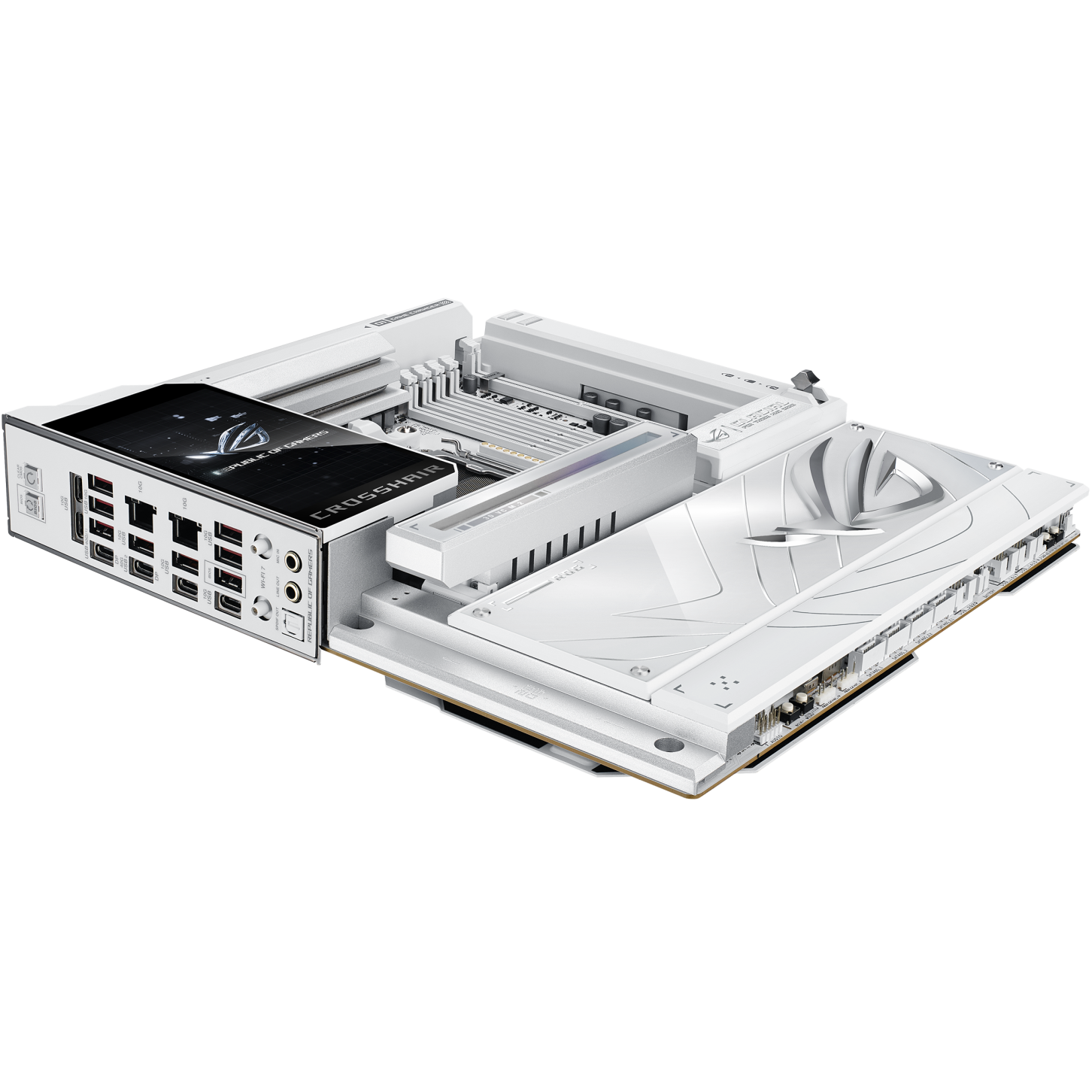 A large main feature product image of ASUS ROG Crosshair X870E Glacial AM5 eATX Desktop Motherboard