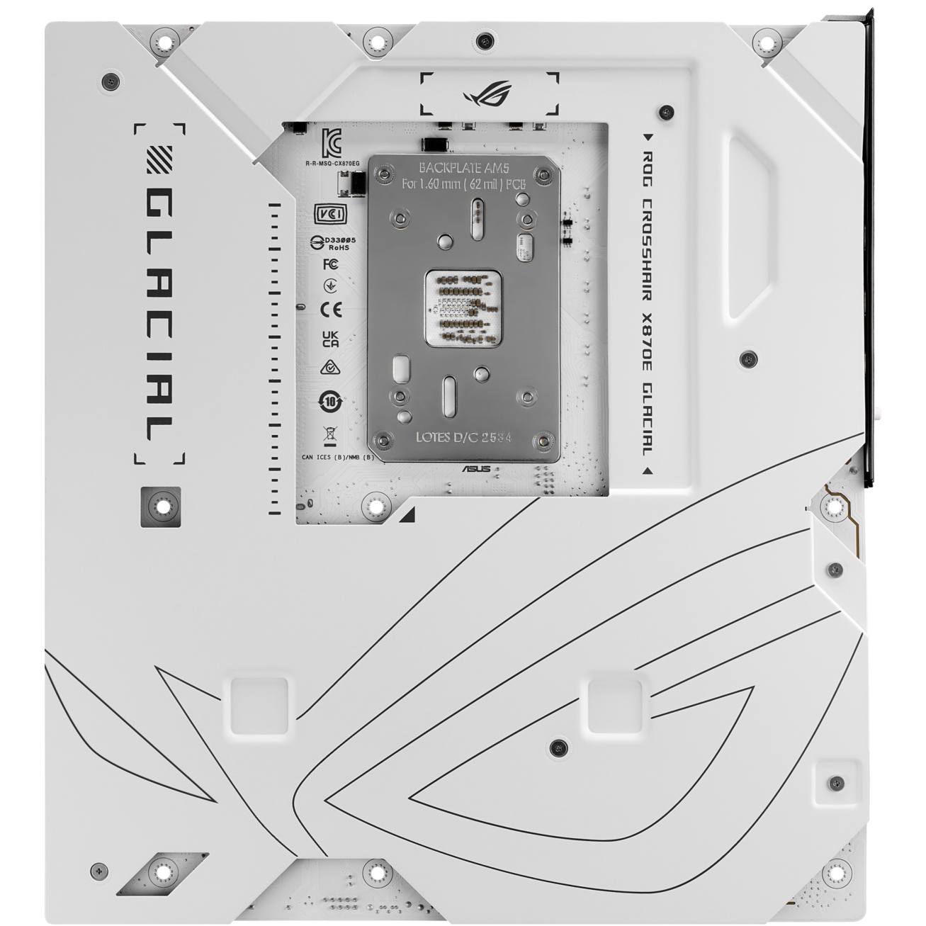 A large main feature product image of ASUS ROG Crosshair X870E Glacial AM5 eATX Desktop Motherboard