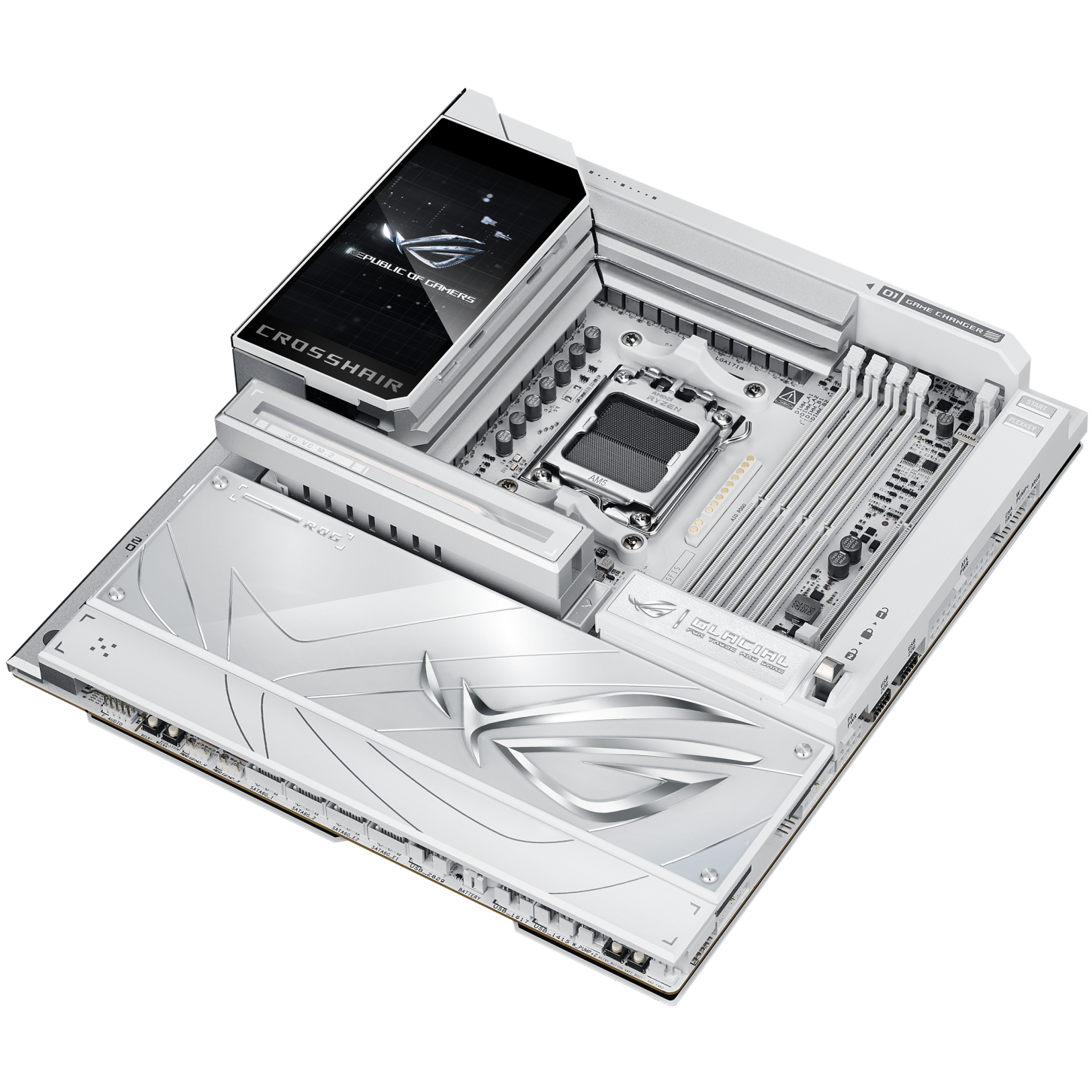 A large main feature product image of ASUS ROG Crosshair X870E Glacial AM5 eATX Desktop Motherboard