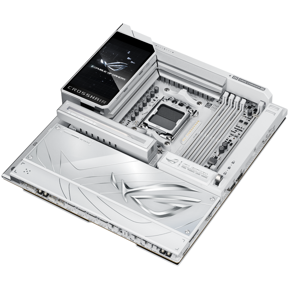 A large main feature product image of ASUS ROG Crosshair X870E Glacial AM5 eATX Desktop Motherboard