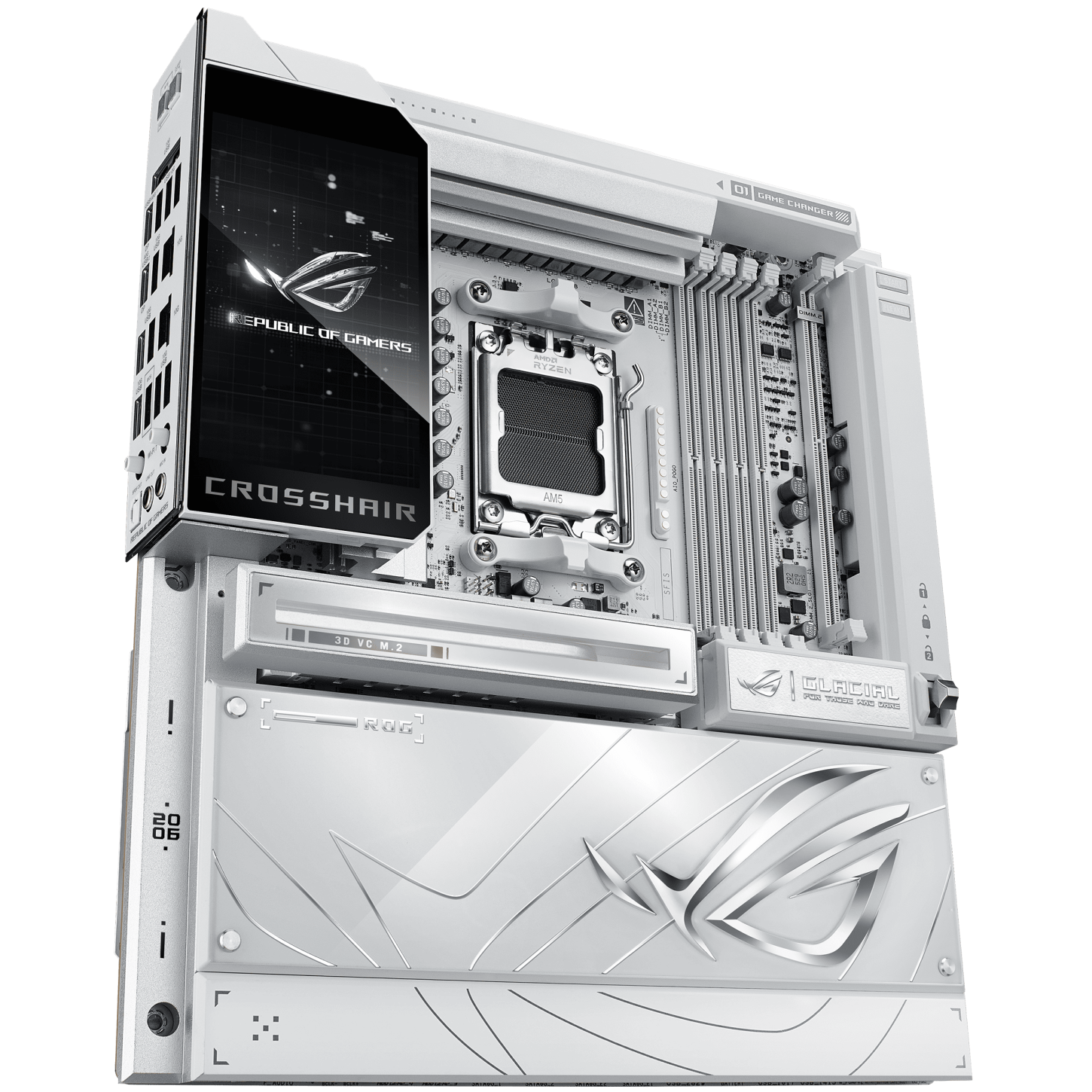 A large main feature product image of ASUS ROG Crosshair X870E Glacial AM5 eATX Desktop Motherboard
