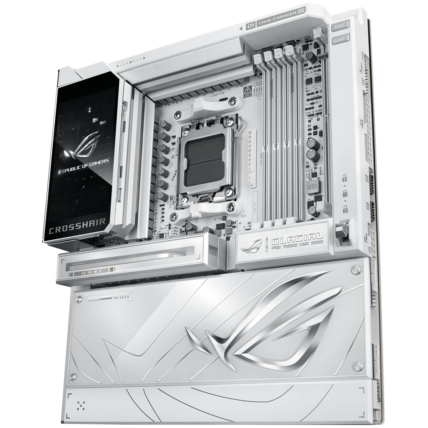 A large main feature product image of ASUS ROG Crosshair X870E Glacial AM5 eATX Desktop Motherboard