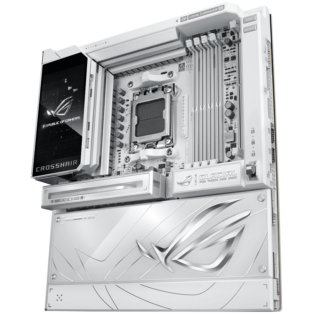 A large main feature product image of ASUS ROG Crosshair X870E Glacial AM5 eATX Desktop Motherboard