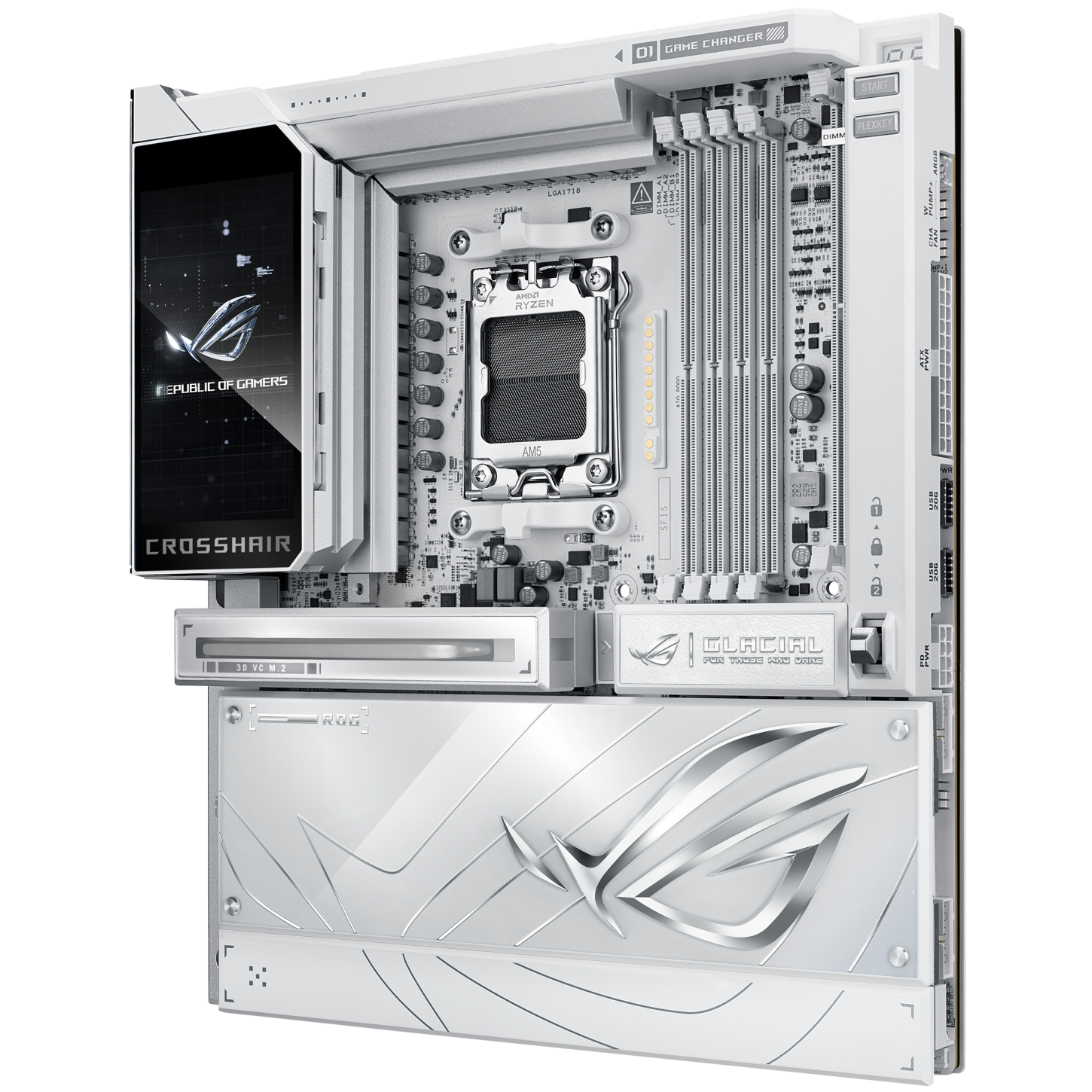 A large main feature product image of ASUS ROG Crosshair X870E Glacial AM5 eATX Desktop Motherboard